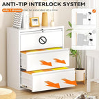 INTERGREAT 3-Drawer White File Cabinet, Locking Metal Lateral Filing Cabinets, 28W Horizontal Storage Cabinet with Adjustable Shelves for Home & Office