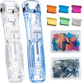 Reusable Portable Paper Clam Clip Dispenser Refill Clips, 40 Sheet Capacity-2Pcs Clam Clip Dispenser 100 Metal Refill Clips (50 Silver + 50 Color) for Home School Desk Office (Crystal Blue)