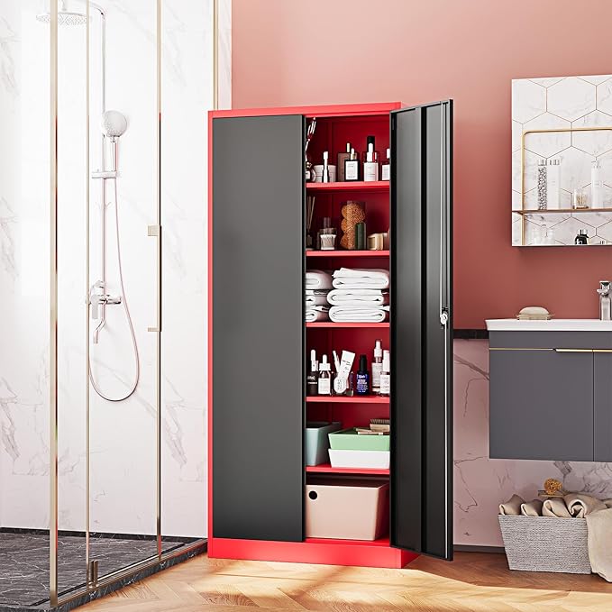Metal Storage Cabinet-72” Tall Steel File Cabinets with Lockable Doors and Adjustable Shelves-Black&Red Steel Storage Cabinet for Kitchen, Office, Garage