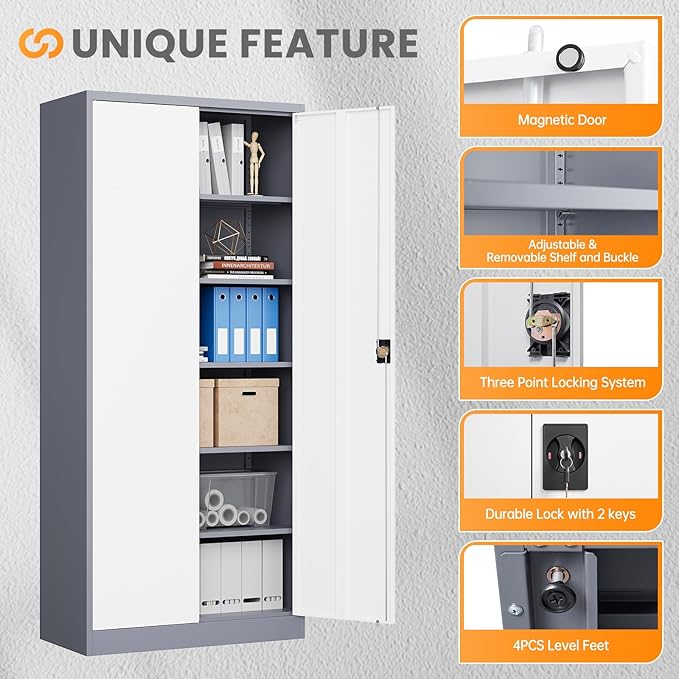 Metal Garage Storage Cabinets with Lock, 72" Tall Tool Cabinet with 2 Door and 5 Adjustable Shelves, Locking Garage Cabinets and Lockable Steel Locker for Home Office Warehouse-(Gray White-72”H)