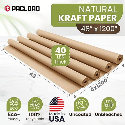 48" x 1200" (100 ft) Natural Kraft Paper Roll (Value Pack – 4 Rolls) – Made in USA, 100% Recyclable Brown Packing Paper for Shipping, Packaging, Crafting & Gift Wrapping