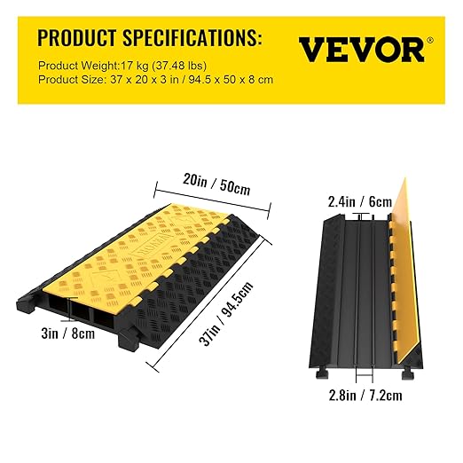 VEVOR 3-Channel Rubber Cable Protector Ramps Heavy Duty 44000Lbs Load Capacity Cable Wire Floor Cord Cover Ramp Speed Bump Driveway Hose Cable Ramp Protective Cover