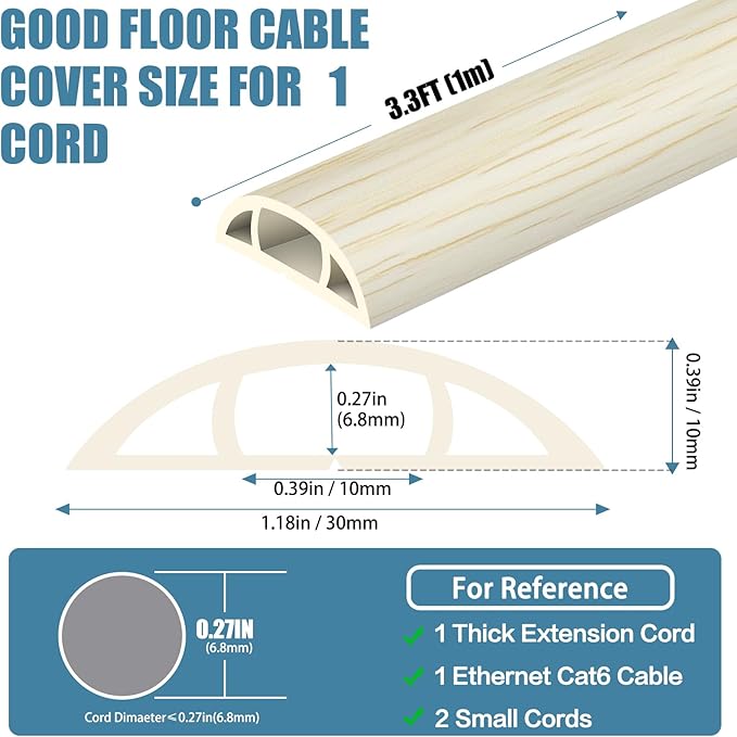Floor Cord Covers for Wires 3.3FT Cable Hider Wire Cover Self Adhesive Cord Hider Floor for Offices, Homes, Workshops, Warehouses Cable Cavity 0.39" W x 0.27" H