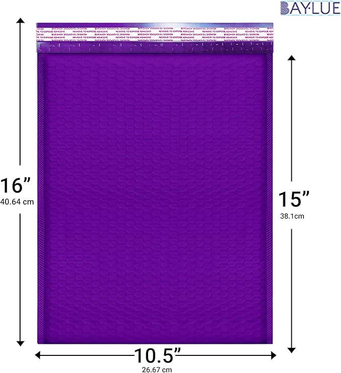 Purple 10.5x16 Inch Poly Bubble Mailers #5 | Self Seal Large Padded Envelopes | Air Cushioned Bubble Mailer | Usable Size 10.5x15 Inch | Waterproof Lightweight Mailing Shipping Bags | 100 Pack Bulk