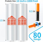 JARLINK Stretch Film, 80 Gauge,15 Inch x 1000 Feet Shrink Wrap for Pallet Wrap, Industrial Strength Stretch Wrap up to 800% Stretch with Handles, Moving Wrapping Plastic Roll, 2 Pack