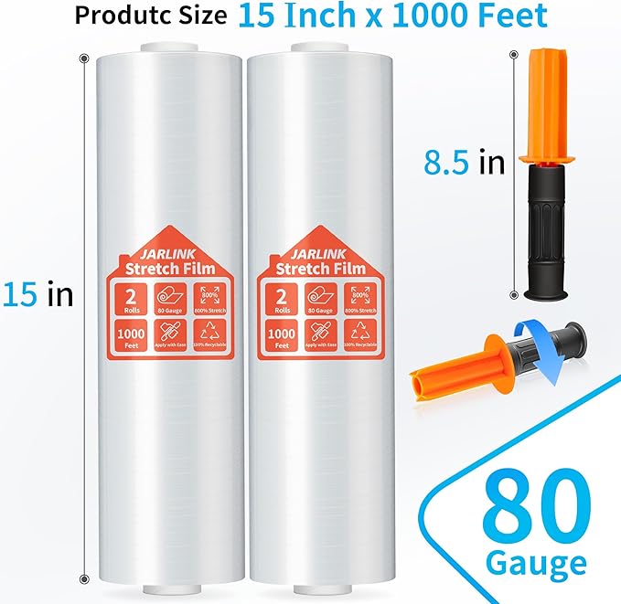 JARLINK Stretch Film, 80 Gauge,15 Inch x 1000 Feet Shrink Wrap for Pallet Wrap, Industrial Strength Stretch Wrap up to 800% Stretch with Handles, Moving Wrapping Plastic Roll, 2 Pack