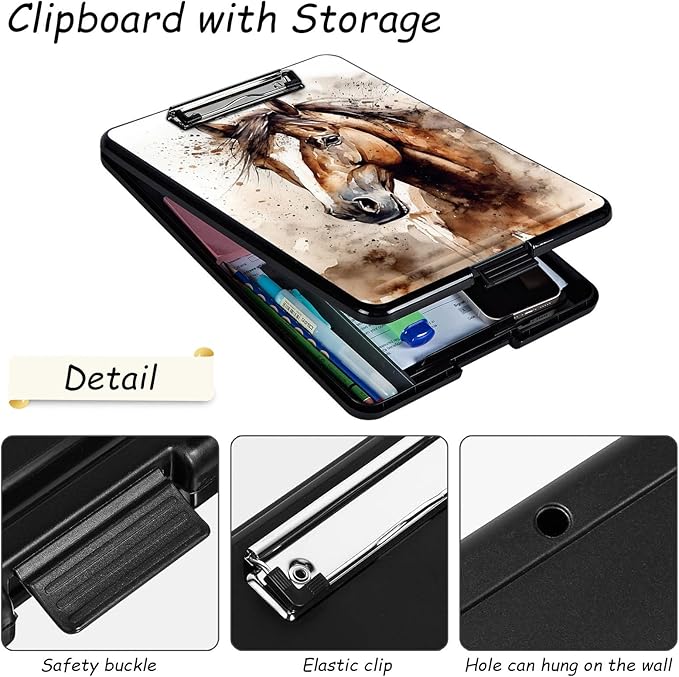 Clipboard with Storage, High Capacity Plastic Storage Clipboard with Pen Holder for for Women Teachers Work, School & Office Supplies, Cute Pattern Decorative Clipboards, Horse
