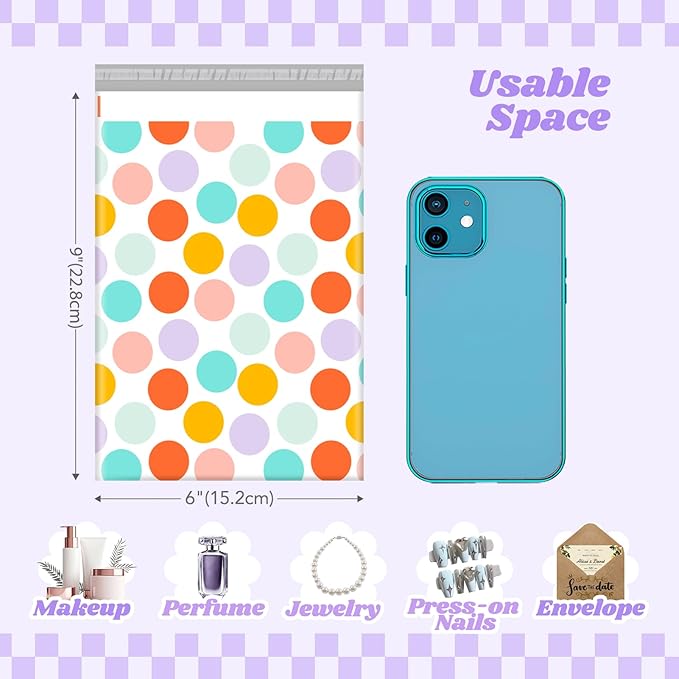 Metronic Poly Mailers 6x9 Inch 100pc Shipping Bags for Clothes,Self Adhesive Shipping Envelopes for Small Business,Waterproof Mailers Poly Bags for Shipping,Packaging Mailing Bags Color Polka Dots