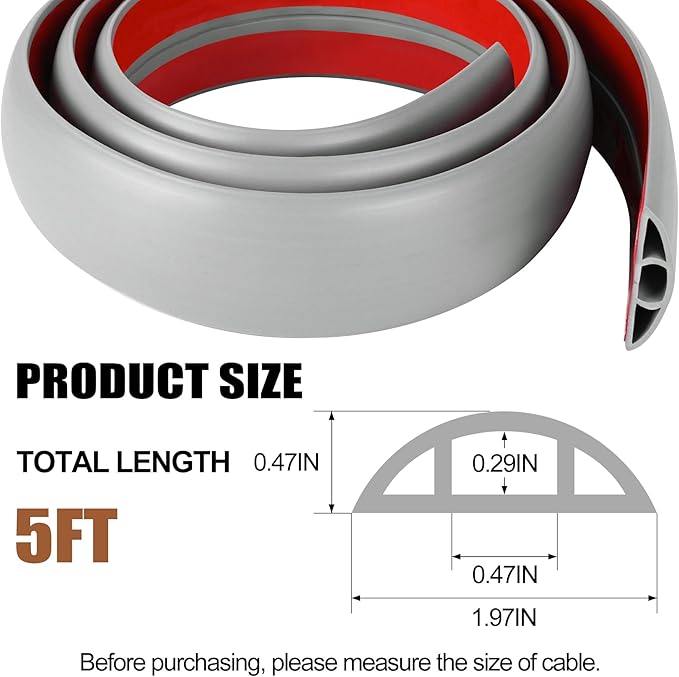MYFAMIREA 5FT Floor Cord Cover for Wire Self Adhesive Cable Cavity Management PVC Extension Cord Hider Power Floor Wire Protector Cover Prevent Cable Trip for Office Home Outdoor (Gray, 1.97'')