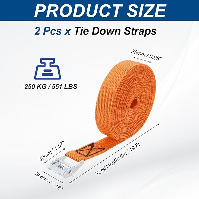 PATIKIL Lashing Straps 1" x 20 Ft, 2 Pcs Tie Down Strap Cam Buckle Adjustable Ratchet Straps 551 lbs for Cargo Trucks Motorcycle Luggage, Orange