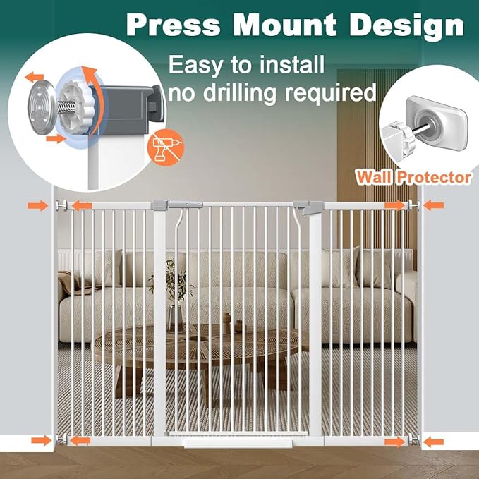 Fairy Baby 40.5" Extra Tall Baby Gate No Drill, 65.8"-72.2" Extra Wide Large Dog Gate, Pressure Mounted Walk Through Adjustable Tension Safety Gate, Auto Close Child Pet Gate for Stairs Doorway, White
