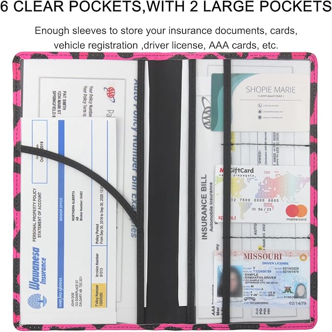 Premium Car Registration & Insurance Card Holder with Magnetic Shut, Vehicle Glove Box Car Organizer - For Documents, Cards, License (Leopard B)