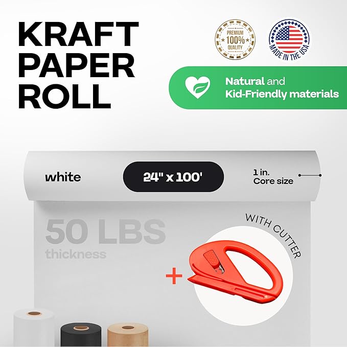 White Kraft Paper Roll 24" x 1200" (100 feet) with Cutter- USA-Made Wrapping Paper for Packing, Moving, Shipping & Crafts/Arts - 100% Recyclable Natural Craft Material by IDL Packaging