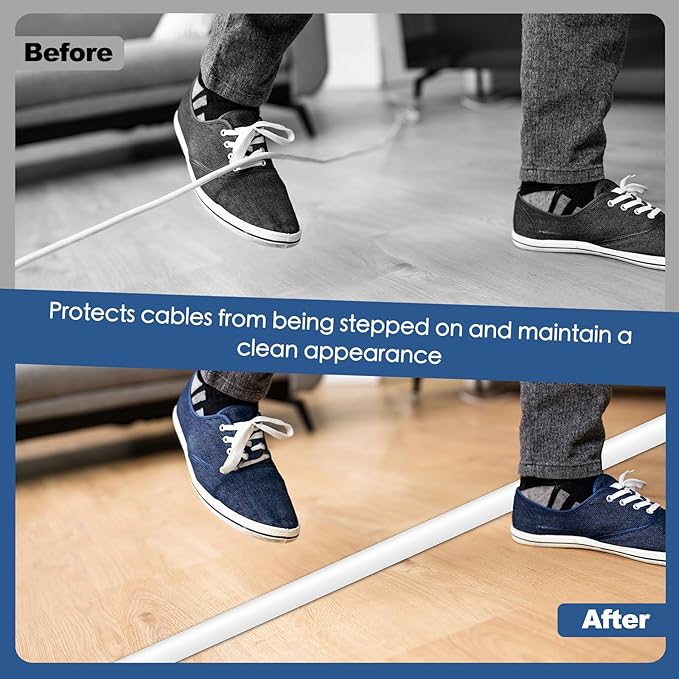 Floor Cord Cover for Wires on Floor Self Adhesive Cord Hider Floor Cable Management Wire Covers for Cords Protector Prevent Cable Trips Cord Cavity W 0.59" x H 0.31", White, 10Ft