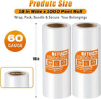 18 inch Stretch Film Shrink Wrap for Moving Supplies, 2 Pack Industrial Strength Stretch Plastic Wrap Roll for Pallet Wrapping Shipping Moving Boxes Storage Furniture,1000ft, Clear