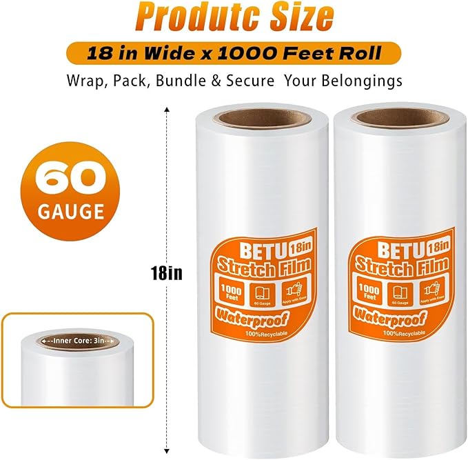 18 inch Stretch Film Shrink Wrap for Moving Supplies, 2 Pack Industrial Strength Stretch Plastic Wrap Roll for Pallet Wrapping Shipping Moving Boxes Storage Furniture,1000ft, Clear