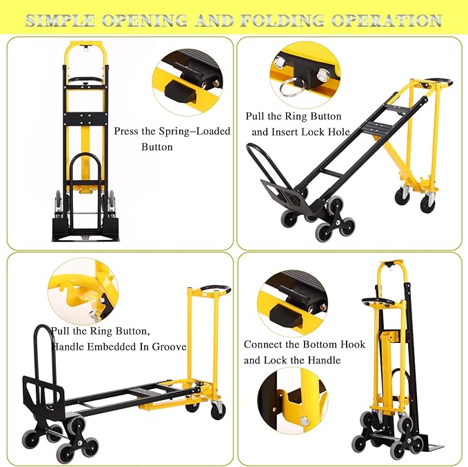 3-in-1 Industrial Convertible Hand Truck Dolly Cart,1000 lbs Capacity Aluminum Dolly Hand Truck with Stair Climber Wheels,Hand Trucks Heavy Duty for Warehouse Moving(Black Yellow)