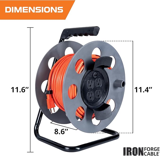 IRON FORGE CABLE 75 Ft Extension Cord Reel with 4 Electrical Power Outlets & Breaker Switch - 16/3 SJTW Heavy Duty Orange Cable with 3 Prong Grounded Plug, Portable Cord Reel