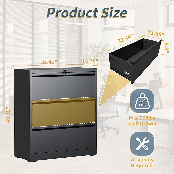 3 Drawer File Cabinet with Lock, Lateral Filing Cabinets,Metal Storage Filing Cabinets for Home Office, Heavy Duty File Cabinet for Letter/Legal/A4/F4 Size Amssebly Required, Black