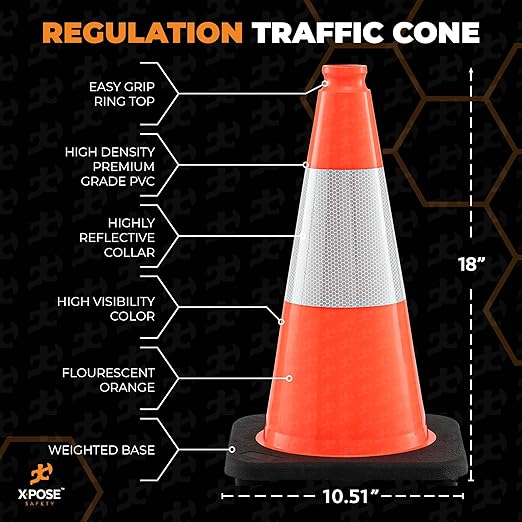 Xpose Safety 18 Inch Orange Traffic Cones with 6" Collar - 1 Pack Multipurpose PVC Plastic Safety Cone for Parking, Soccer, Caution, Kids and Construction - DOT Approved