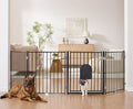 No Pawblems Free Standing Dog Gate with Cat Door, 30'' Tall Foldable Dog Fence for Indoor & Outdoor, Up to 104 Inch Extra Wide Puppy Gate for Stairs, Hallways, Doorways, Deck, Yard (Black, 4 Panels)