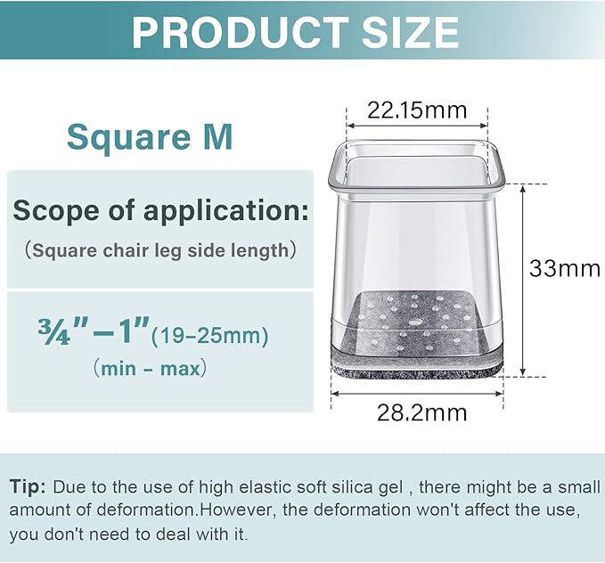 Ansible 24 Pcs Chair Leg Floor Protectors Square, Silicone Felt Furniture Leg Pads Caps Covers for Hardwood Floors (Fit:3/4" to 1")