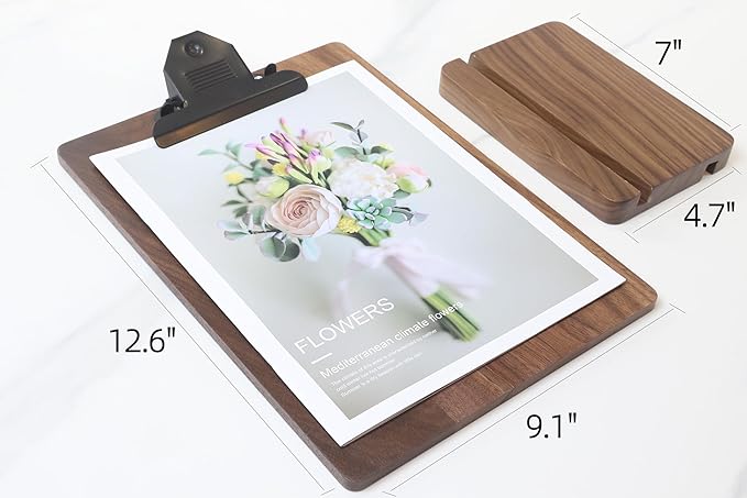 Solid Hardwood Walnut Clipboard with Stand,Wooden Menu Holder for Restaurant,Tabletop Display Stands,Bar Countertop Receipt Holder,Standing Clip Boards 8.5x11 with High Capacity Metal Clip