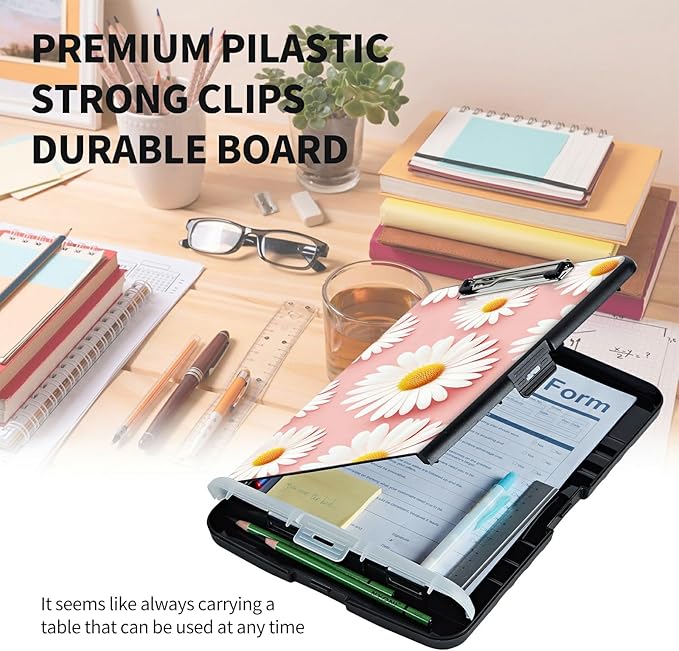 Clipboard with Storage High Capacity Plastic Nursing Clipboards with Pen Holder File Folder Storage Box Clipboard with Heavy Duty Clips for Teacher,Doctor,Offices-Pink Daisy