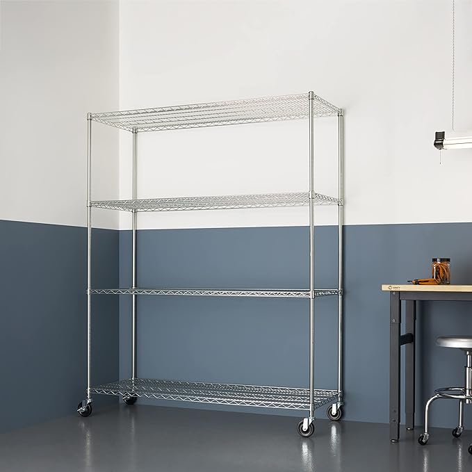 Trinity Basics 4-Tier Adjustable Wire Shelving with Wheels for Kitchen Organization, Garage Storage, Laundry Room, NSF Certified, 600 to 1800 Pound Capacity, 60” by 24” by 72”, EcoStorage Chrome