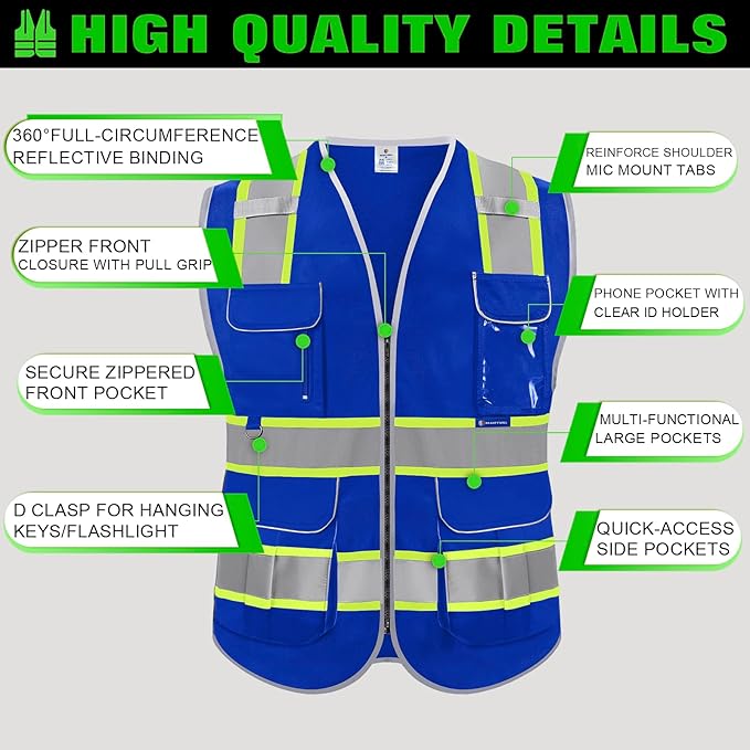 BeautyWill Custom Logo 10 Pockets Safety Vest Class2 ANSI Certified High Visibility Reflective Vest