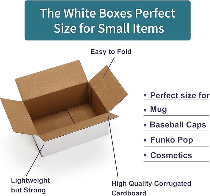 25 Pack Shipping Boxes 7x5x3 Inches, White Corrugated Cardboard Mailing Box for Packing, Mailing, Small Business,Literature Mailer