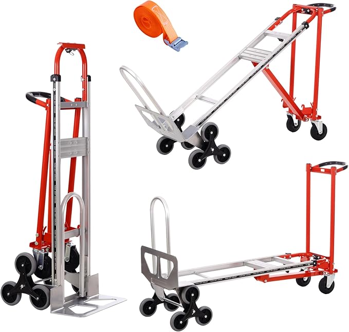 3-in-1 Industrial Convertible Hand Truck Dolly,1000 lbs Capacity Aluminum Hand Truck for Stairs,Hand Trucks Heavy Duty Dolly Cart with Stair Climbing Wheels for Moving,Transport(Red)