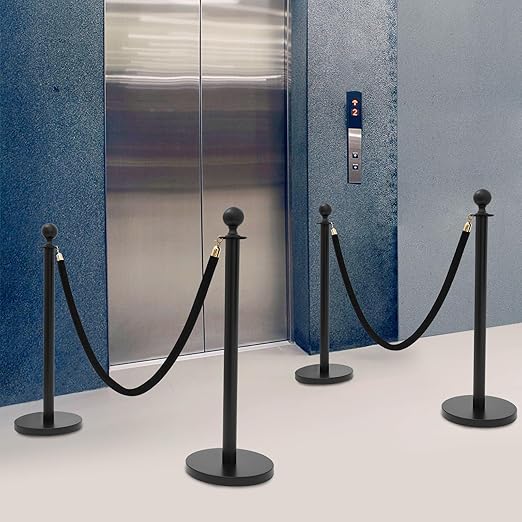 Crowd Control Stanchion Set, 4 Packs Stanchion Set with 4.92 ft/1.5 m Black Retractable Belt and 2 Ropes, Black Crowd Control Barrier for Theaters, Parties, Wedding, Exhibition