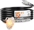 15 ft 12 Gauge Heavy Duty 3 Outlet Extension Cord Splitter with Indicator, Waterproof Outdoor Extension Cord with Multiple Outlets, 15A 1875W for Home & Workshop, ETL Listed, Black SJTW