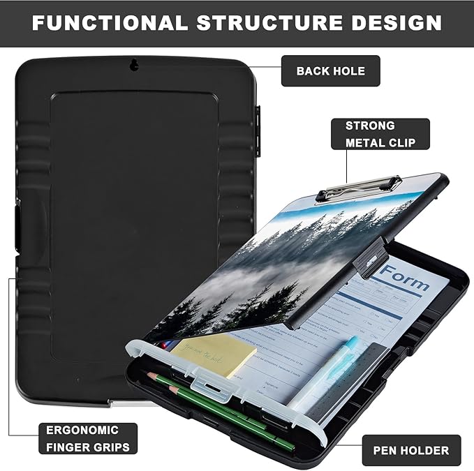 Clipboard with Storage,Heavy Duty Plastic Storage Clipboard with Low Profile Clip,Teacher Must Haves,Office Supplies,Nature Mountain Forest
