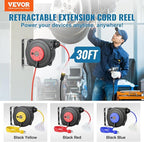 VEVOR Retractable Extension Cord Reel, 30 FT, Heavy Duty 16AWG/3C SJTOW Retractable Power Cord Reel with Lighted Triple Tap Outlet 10 Amp Circuit Breaker 4.5FT Lead-in Cord, for Ceiling or Wall Mount