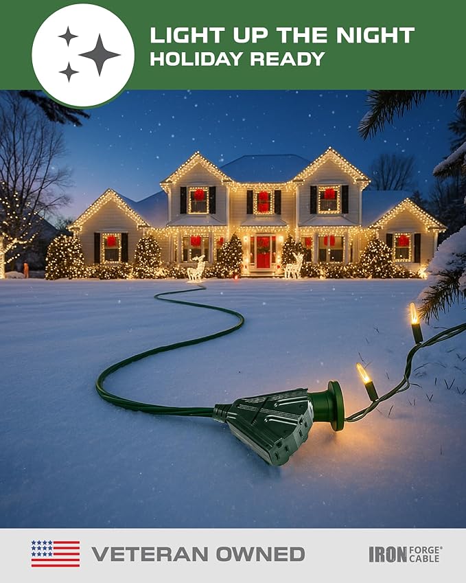 Iron Forge Cable 10ft Green Outdoor Extension Cord with 3 Outlets - 16/3 SJTW 10ft Extension Cord 3 Prong, 13 Amp All-Weather Heavy Duty Power Cable