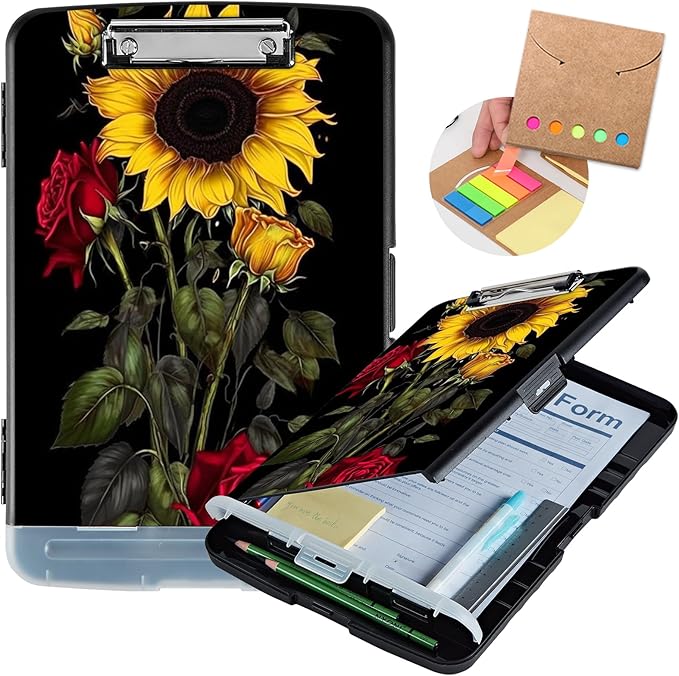 Clipboard with Storage,Heavy Duty Plastic Storage Clipboard with Low Profile Clip,Teacher Must Haves,Office Supplies,Sunflower Roses Flowers