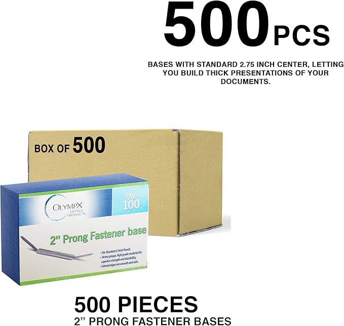 OLYMPX 500 Pcs of 2" Capacity Premium Metal Prong Paper Fastener Bases, 2.75 Inch Base for Paper File Clip Folder Accessories, Pack of 5 Boxes, 100 Bases per Box