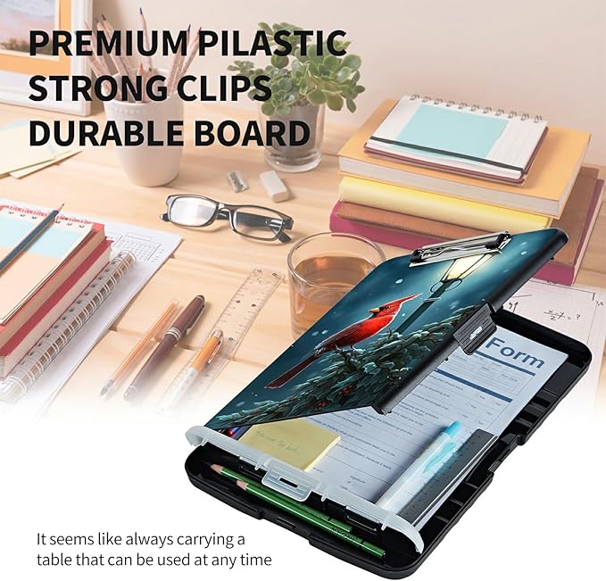 Clipboard with Storage High Capacity Plastic Nursing Clipboards with Pen Holder File Folder Storage Box Clipboard with Heavy Duty Clips for Teacher,Doctor,Offices-Northern Cardinal Bird