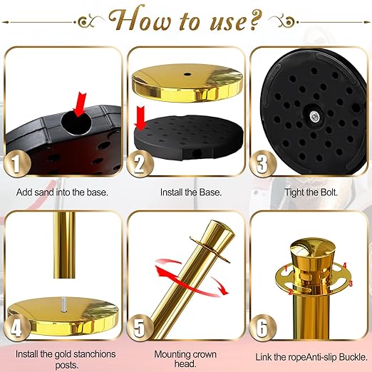 4PCS Top Crown Decoration Gold Stanchions Posts with 3PCS 5 ft Red Velvet Rope, Red Velvet Rope Stanchion Set Crowd Control Barriers, Stanchions and Velvet Ropes Red Carpet Poles for Party Supplies