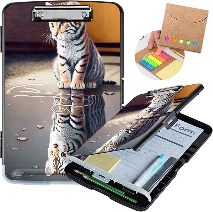 Clipboard with Storage,Heavy Duty Plastic Storage Clipboard with Low Profile Clip,Teacher Must Haves,Office Supplies,Cute Tiger