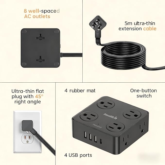 10Ft Power Strip with Surge Protector, 8 Outlets 4 USB Ports Extension Cord, Flat Plug Charging Station for Home Office Desk & College Dorm Essentials, Black