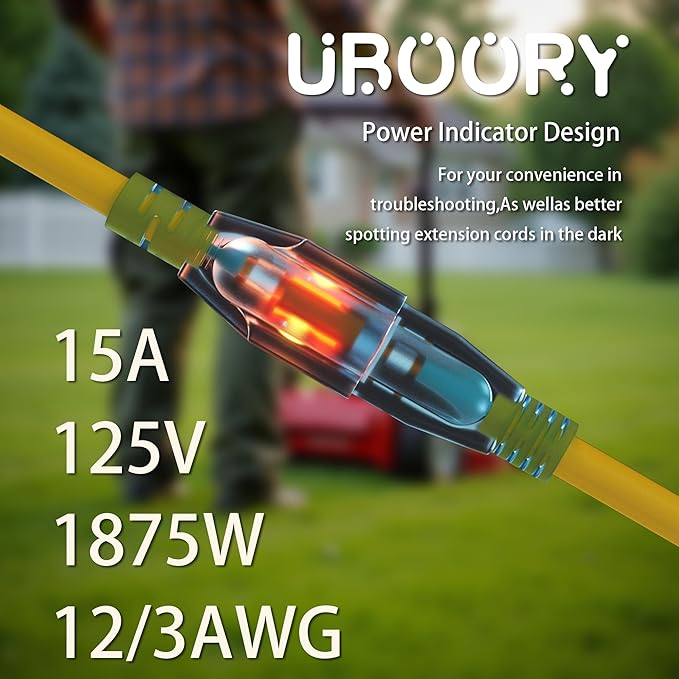 Outdoor Extension Cord Waterproof 100 FT, Yellow 12/3 SJTW Heavy Duty, Flexible 100% Copper 3 Prong Extension Cord for Lawn, Garage,UL Listed