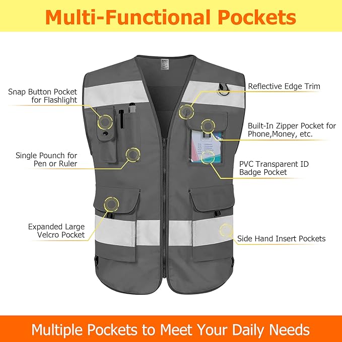 TCCFCCT High Visibility Vest 9 Pockets Hi Vis Reflective Safety Vest for Men Women, Construction Vest with Reflective Strips, Meets ANSI/ISEA Standards, (Grey, Small)