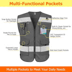 TCCFCCT Hi Vis Vest 9 Pockets High Visibility Reflective Safety Vest for Men Women, Safety Construction Vest with Reflective Strips, Meets ANSI/ISEA Standards, (Grey, Medium)