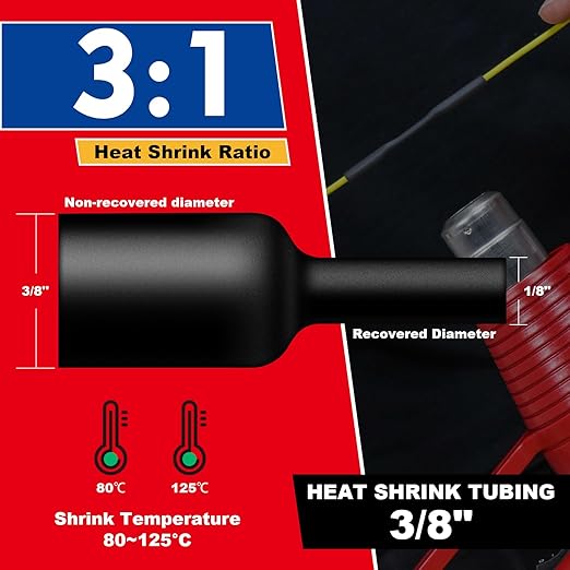 3/8" Heat Shrink Tubing, 32.8 Feet Roll Industry Marine Grade 3:1 Shrink Ratio Shrink tubing, Adhesive Lined Heat Shrink Tube, 3/8 Waterproof Shrink Tube for Wires Home Marine Automotive-Black