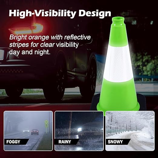 8 Pack 18 Inch Green PVC Traffic Cones Black Base Stable Durable, Parking Lot Driveway School Training Safety Cones Multi-Purpose (8, Green, 18 Inch)