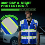 BeautyWill Custom Logo Safety Vest 8 Pockets Class2 ANSI Certified High Visibility Reflective Vest for Men - Personalized Logo Heavy-Duty Work Vest（Blue，XL）