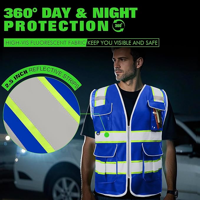 BeautyWill Custom Logo 10 Pockets Safety Vest Class2 ANSI Certified High Visibility Reflective Vest